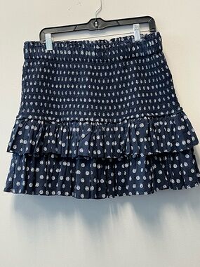 LOFT Navy Smocked Tiered Mini Skirt with White Swirl Print—Large